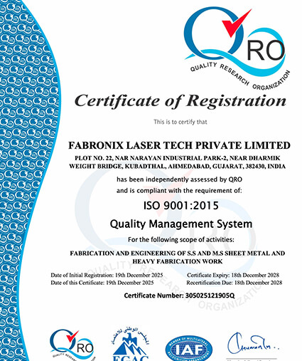 Fabronix ISO 9001:2015 certificate